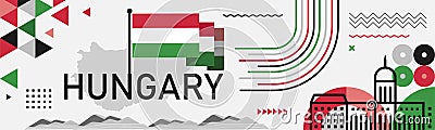 Hungary national day design with Hungarian flag, map and Budapest landmark. Red green theme. Vector Illustration