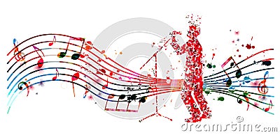 Man with microphone made of musical notes. Red musical notes singer performer with stave vector illustration design for live conc Vector Illustration