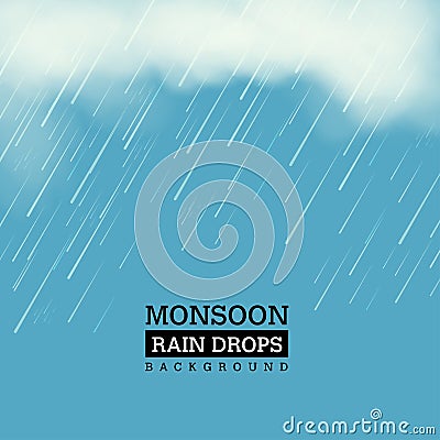 Vector illustration of Realistic rain drops with clouds - Monsoon Concept Vector Illustration