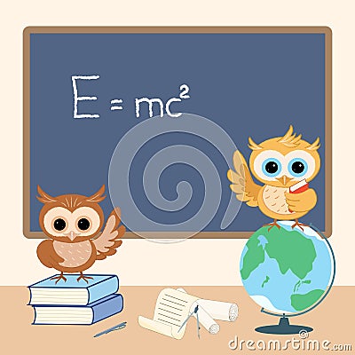 Two cute owlets sit on a globe and books near the blackboard and study physics with curiosity. Vector Illustration