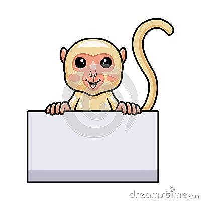 Cute little albino monkey cartoon with blank sign Vector Illustration