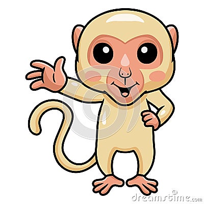 Cute little albino monkey cartoon waving hand Vector Illustration