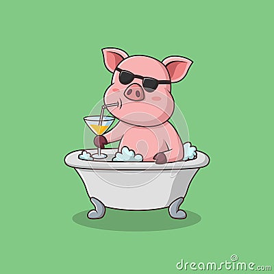 Cartoon pig soaking in the tub and enjoying drink Stock Photo
