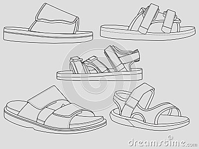 Set of outline Cool strap sandals. strap sandals outline drawing vector, strap sandals drawn in a sketch style, strap sandals trai Vector Illustration