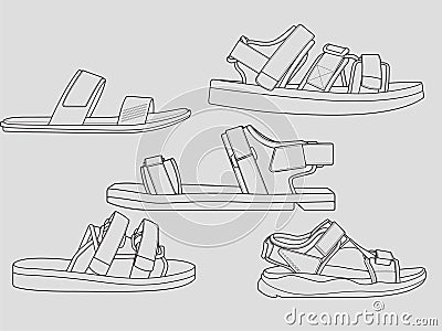 Set of outline Cool strap sandals. strap sandals outline drawing vector, strap sandals drawn in a sketch style, strap sandals trai Vector Illustration