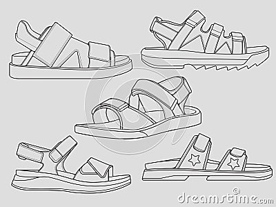Set of outline Cool strap sandals. strap sandals outline drawing vector, strap sandals drawn in a sketch style, strap sandals trai Stock Photo