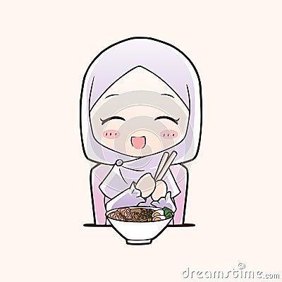 Cute moslem girl eat halal ramen noodles food hand drawn cartoon art illustration Vector Illustration