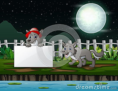 Night landscape with two wolves by the lake Vector Illustration