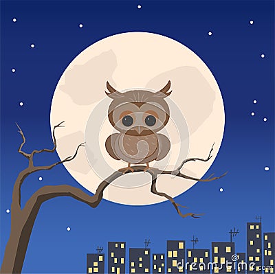 Cute owlet on a tree branch on a full moon away from the city light. Vector Illustration