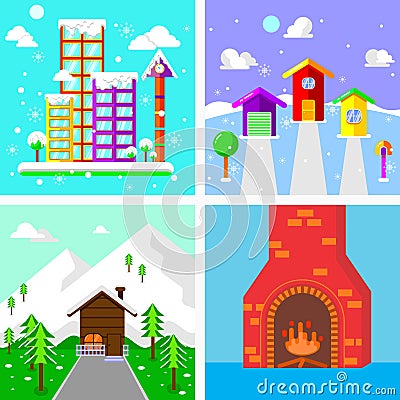 colletion of winter building illustration. town, house, forest and fireplace. with flat, colorful and cheerful style Vector Illustration