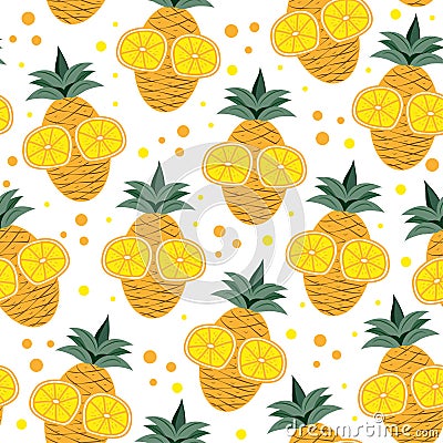 Pineapple seamless pattern with lemon slice. Hand drawn vector design. Vector Illustration