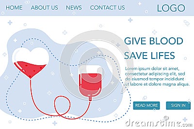 Web template website design banner Give blood Save life. Medical landing page Vector Illustration