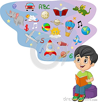 Little boy reading a book. Imagination concept illustration Vector Illustration