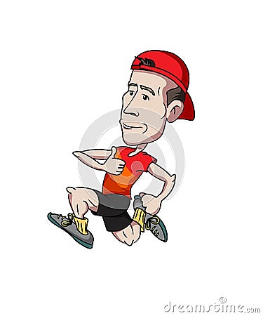 Cartoon caricature runner isolated illustration sporty activity muscular funny man in red t shirt Cartoon Illustration