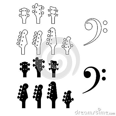 Bass guitars headstocks and the bass clef in black and white Vector Illustration