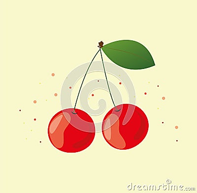 ripe juicy red cherries. green leaf and two branches Vector Illustration