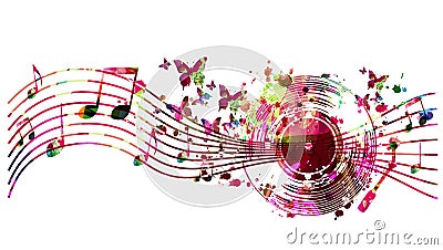 Colorful LP vinyl record disc with musical notes stave and butterflies for concert events, music festivals and shows, party flyers Vector Illustration