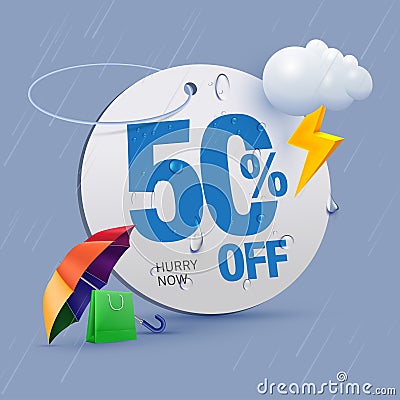 monsoon offer tag 50 percent off written on price tag surrounded with monsoon elements Vector Illustration