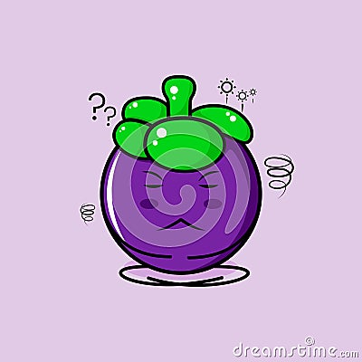 cute mangosteen character with thinking expression, close eyes and sit cross-legged Vector Illustration