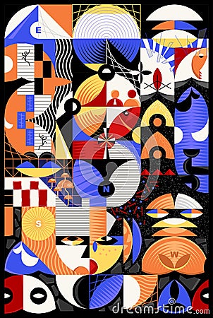 Digital collage, graphics pattern made with abstract forms and generative geometric shapes. Vector Vector Illustration