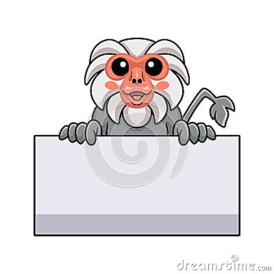 Cute little hamadryad monkey cartoon holding blank sign Vector Illustration