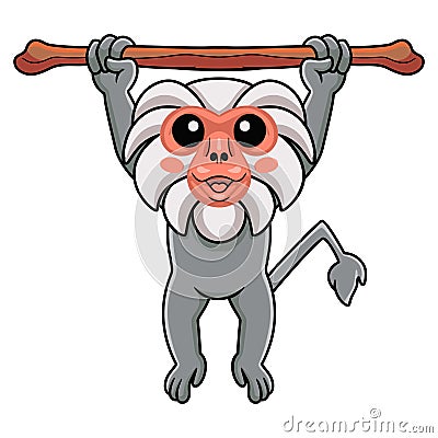 Cute little hamadryad monkey cartoon hanging on tree Vector Illustration