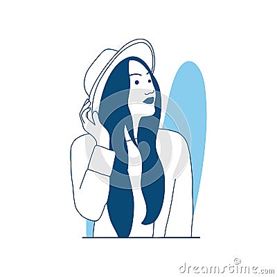 flat style vector illustration a beautiful girl young girl wearing straw hat on summer vacation Vector Illustration