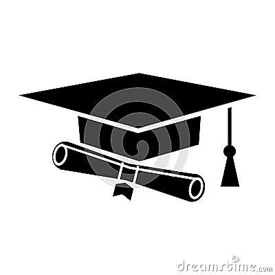 Simple graduation cap silhouette. University Graduation Cap with black certificate roll. Vector Illustration