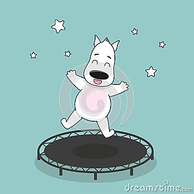 Cute dog on trampoline jumping. Vector Illustration