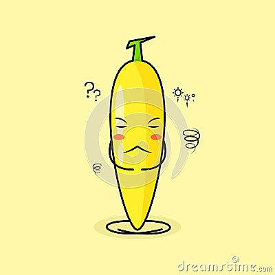 cute banana character with thinking expression, close eyes and sit cross-legged Vector Illustration