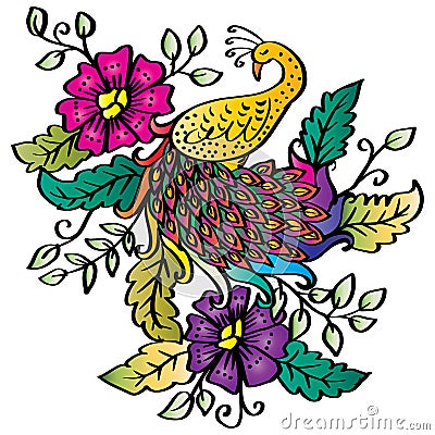 Drawing decorative beautiful peacock motif batik Stock Photo