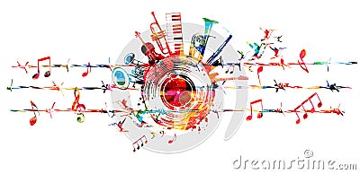 Colorful musical poster with musical instruments and notes attached to barbed wire and isolated vector illustration. Design with Vector Illustration