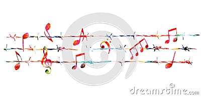 Colorful musical poster with musical notes attached to barbed wire. Notes isolated vector illustration. Background for live conce Vector Illustration