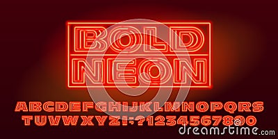 Bold Neon alphabet font. Orange neon letters and numbers. Vector Illustration