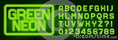 Green Neon alphabet font. Neon color letters and numbers. Vector Illustration