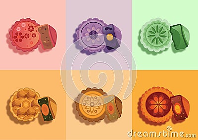 Six different mooncakes Cartoon Illustration