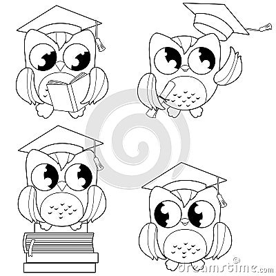 Owls with graduation hats. Vector black and white coloring page Vector Illustration