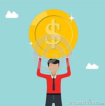 Successful Business man holds dollar coins thinking Making decision, Flat design vector illustration Vector Illustration