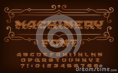 Machinery alphabet font. Steampunk rivet 3d letters and numbers. Vector Illustration
