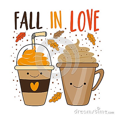 Fall in love - cute hand drawn pumpkin spice latte mugs and autumnal leaves. Vector Illustration