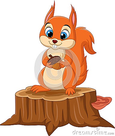 Cartoon funny squirrel holding a pine cone on tree stump Vector Illustration