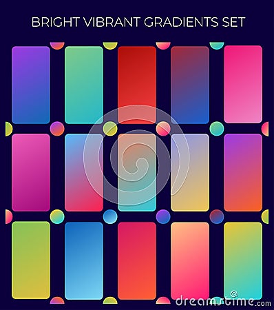 Set of Bright vibrant gradients, Multicolor green purple yellow orange pink cyan fluid circle gradients Vector Illustration