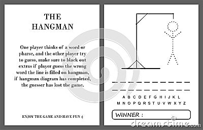 Hangman game page vector, kids activity notebook page. Vector Illustration