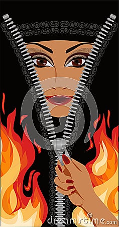 Arab woman in niqab and fire, female hand opens zipper Vector Illustration