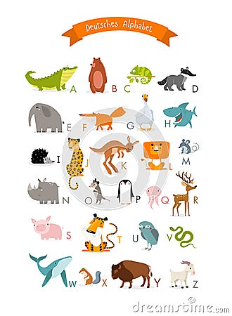Print. German alphabet with cute animals. Vector poster for teaching letters to children. Vector Illustration