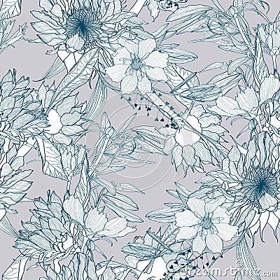Exotic blue line garden flowers on grey background. Floral seamless pattern. Summer beach design. Stock Photo