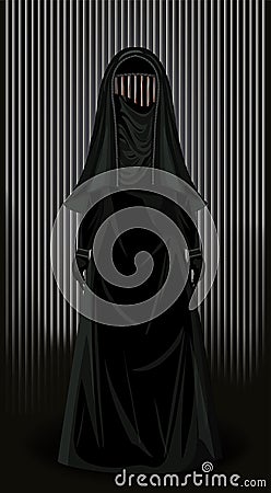 Burka is like a prison. Muslim woman in burqa metal prison bars, banner vector Vector Illustration