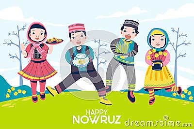 Kids, children gather and bring cakes and other ways to celebrate nowruz mean persian new year Vector Illustration