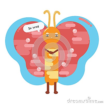 Cartoon sticker butterfly sad emoticon Vector Illustration