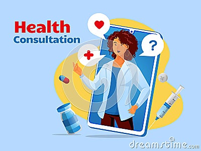 a female doctor providing health services with app online Vector Illustration